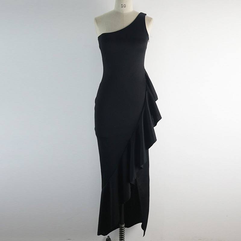 Damen elegantes asymmetrisches Maxikleid mit Rüschen und Schlitz Drune