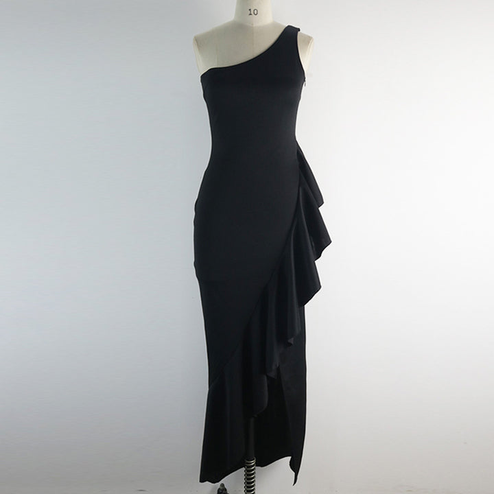 Damen elegantes asymmetrisches Maxikleid mit Rüschen und Schlitz Drune