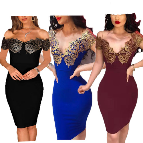 Damen Elegantes Cocktailkleid mit kunstvollen Spitzenärmel und verführerischem Ausschnitt Drune