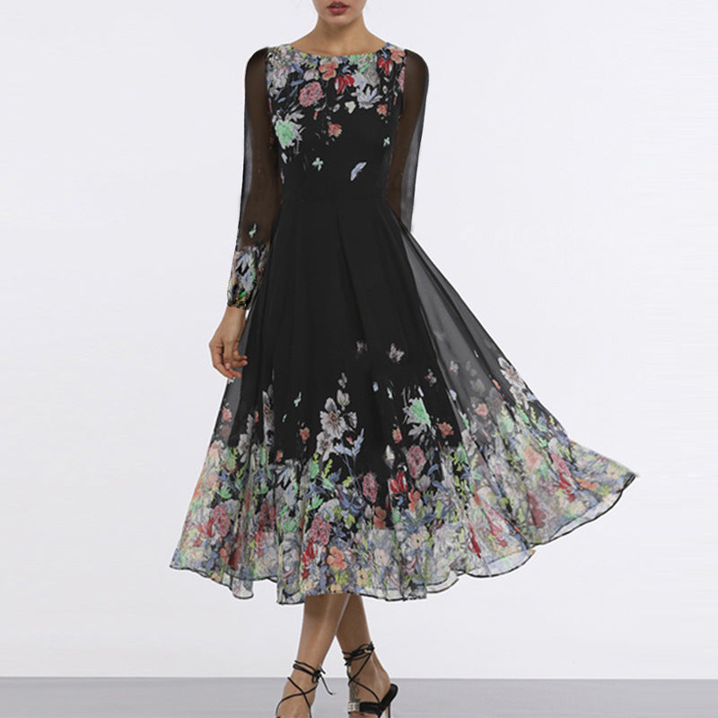 Damen Elegantes Blumen-Maxi-Kleid mit transparenten Ärmeln und fließendem Schnitt Drune