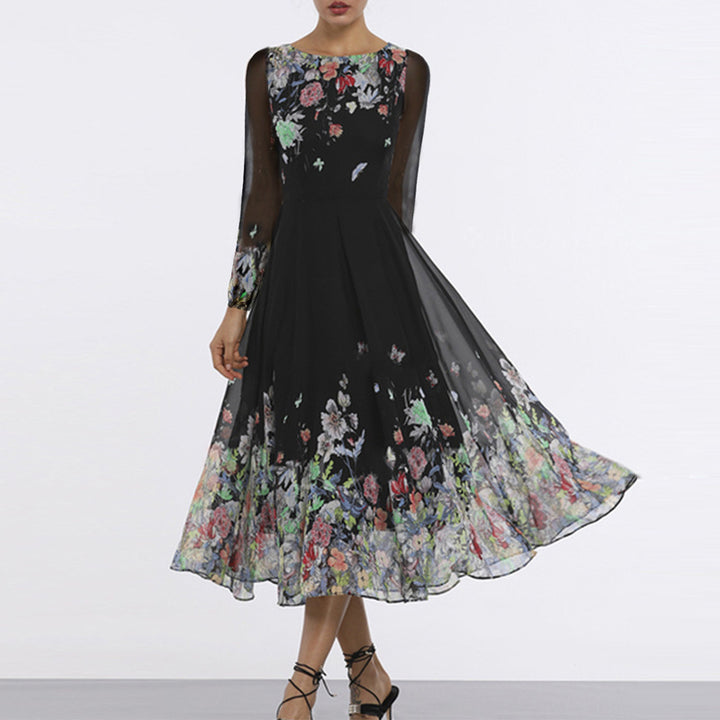 Damen Elegantes Blumen-Maxi-Kleid mit transparenten Ärmeln und fließendem Schnitt Drune