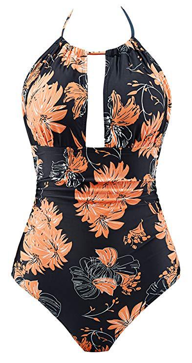 Damen Floral Badeanzug mit tiefem Ausschnitt Drune