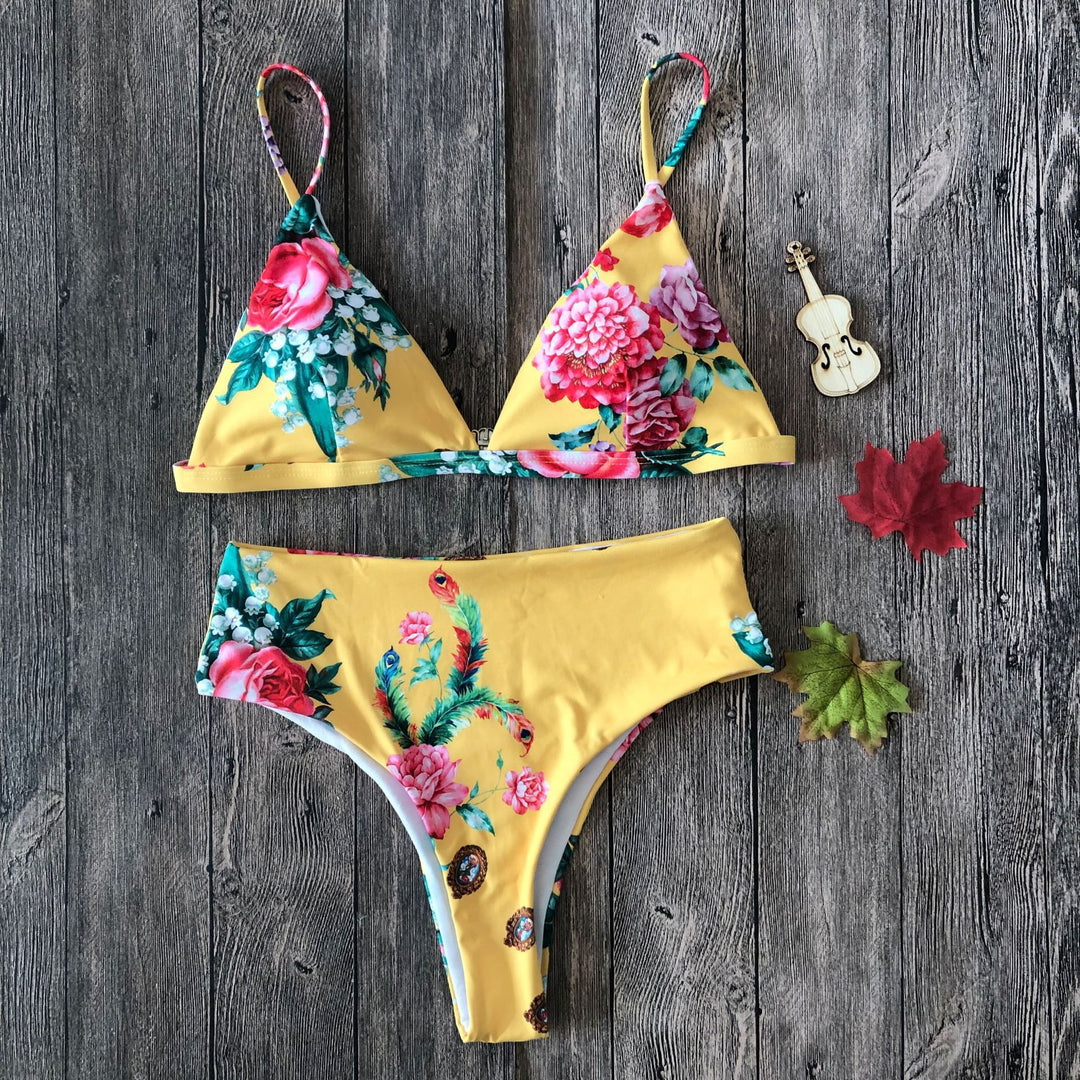 Damen Floral Triangel-Bikini-Set mit hohem Bund Drune