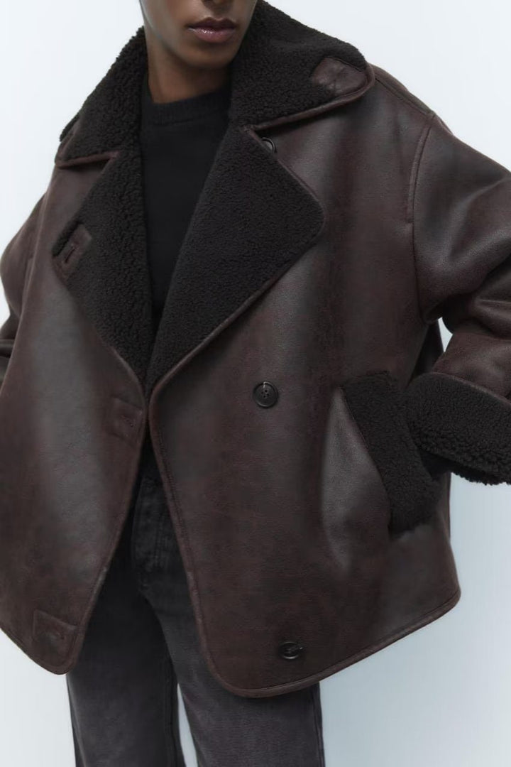 Drune | Kunstleder Aviatorjacke - Schurwollfutter - Doppelreiher-Design - Winteroberbekleidung