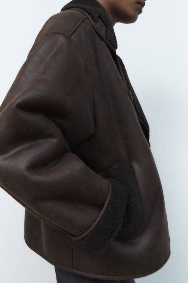 Drune | Kunstleder Aviatorjacke - Schurwollfutter - Doppelreiher-Design - Winteroberbekleidung