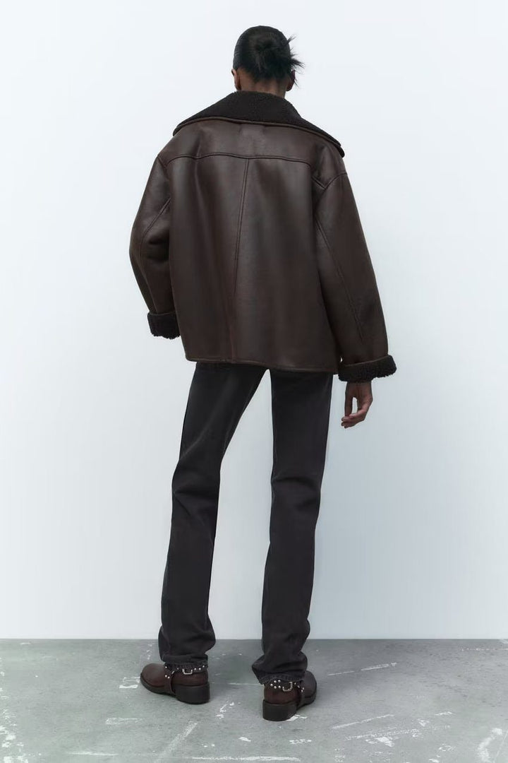 Drune | Kunstleder Aviatorjacke - Schurwollfutter - Doppelreiher-Design - Winteroberbekleidung