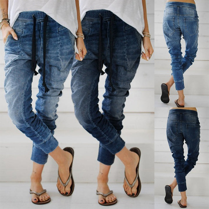 Damen lässige Denim-Haremshose mit Gummizug und tiefem Schritt Drune
