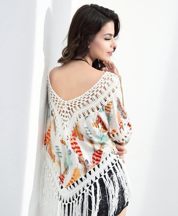 Damen lässiger Strandponcho mit fransigen Details und trendigem Muster Drune