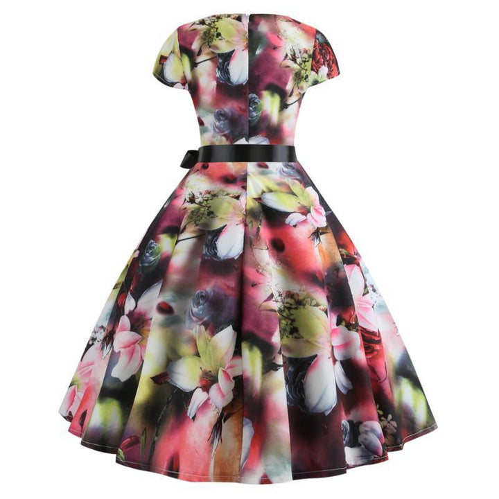 Damen Blumendesign A-Linien Kleid mit schwarzem Taillengürtel Drune