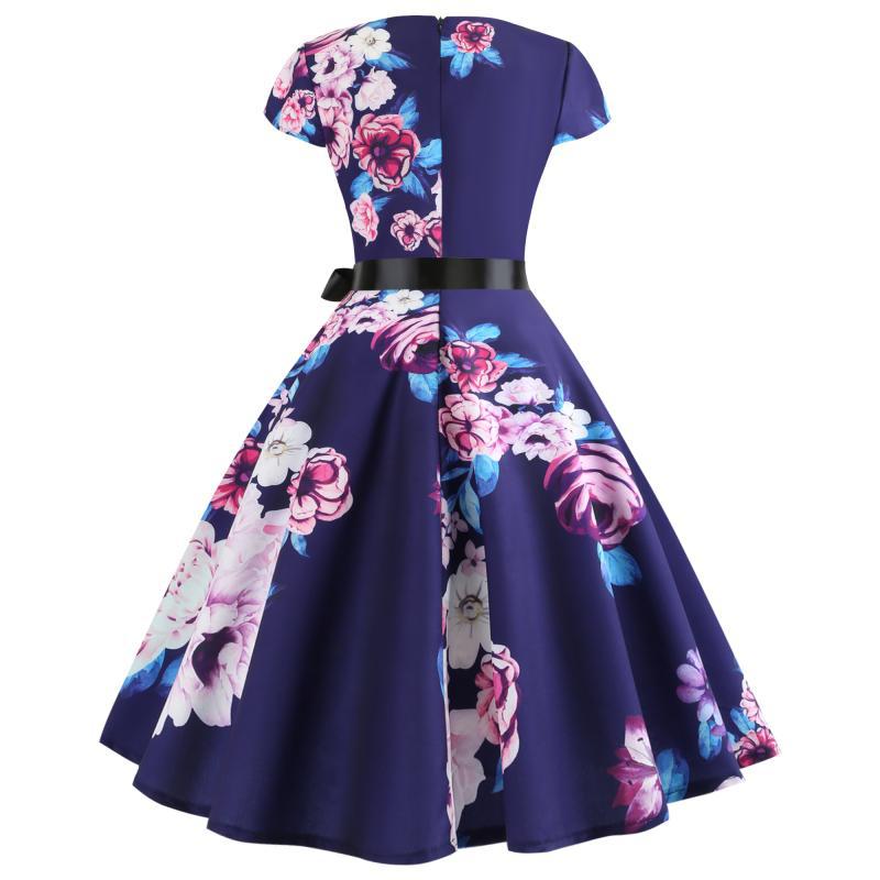 Damen Rundhals Midi-Kleid mit floralem Design und schwingendem Rock Drune