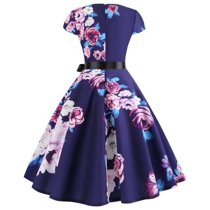 Damen Rundhals Midi-Kleid mit floralem Design und schwingendem Rock Drune