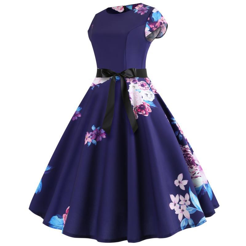 Damen Rundhals Midi-Kleid mit floralem Design und schwingendem Rock Drune