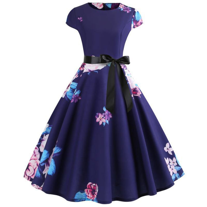 Damen Rundhals Midi-Kleid mit floralem Design und schwingendem Rock Drune