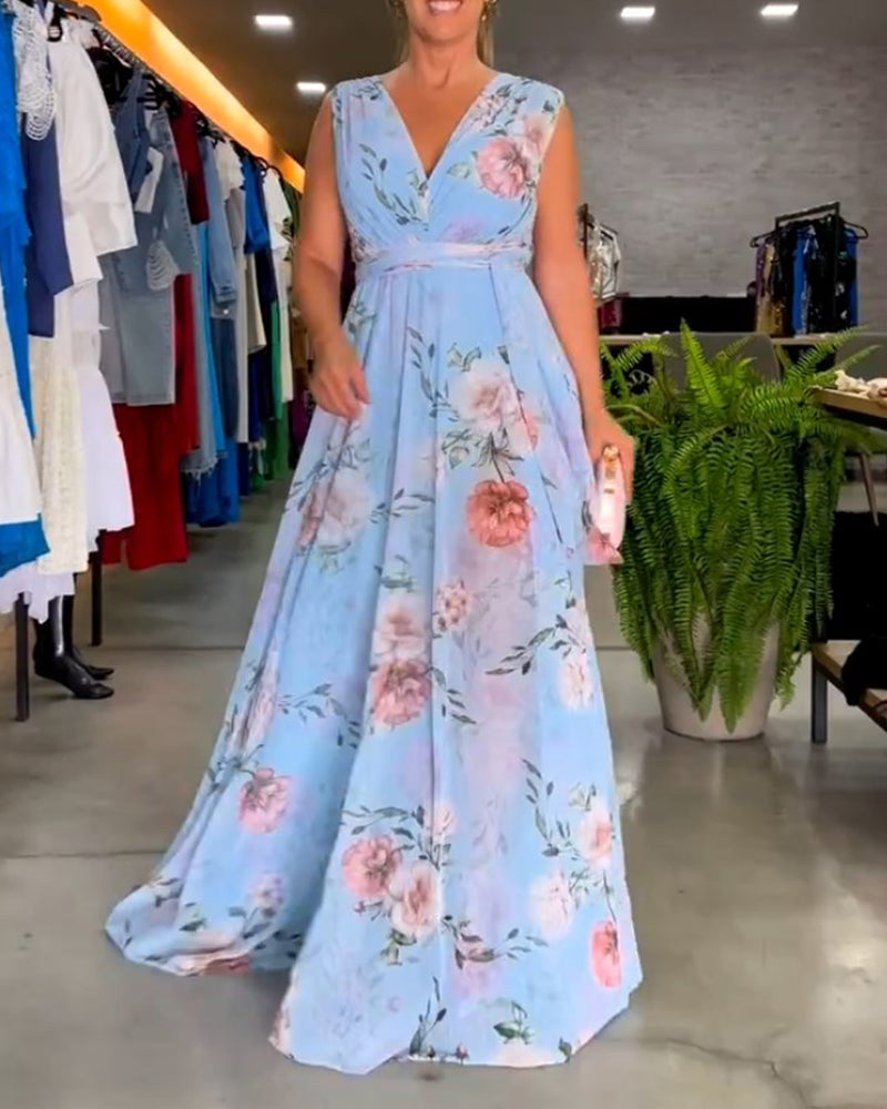Drune | Elegantes Ärmelloses V-Ausschnitt Floral Druck Kleid