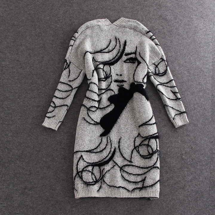 Damen Strickmantel mit künstlerischem Motiv und offener Front Drune