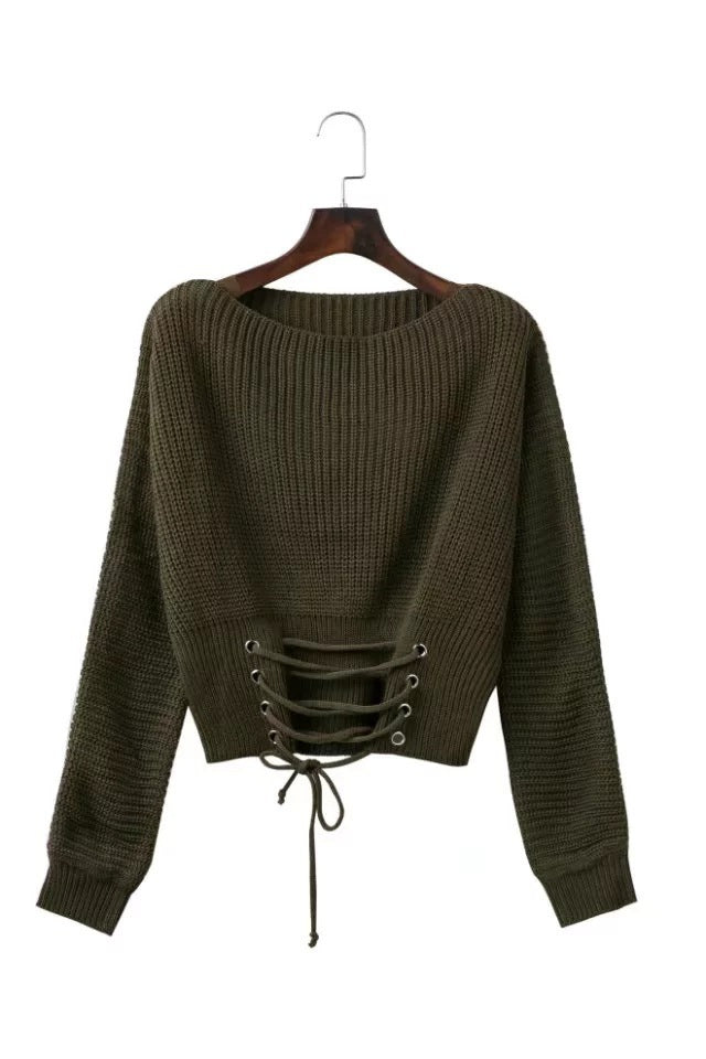 Damen Strickpullover mit ausgefallenem Rückenschnürdesign und weitem Schnitt Drune
