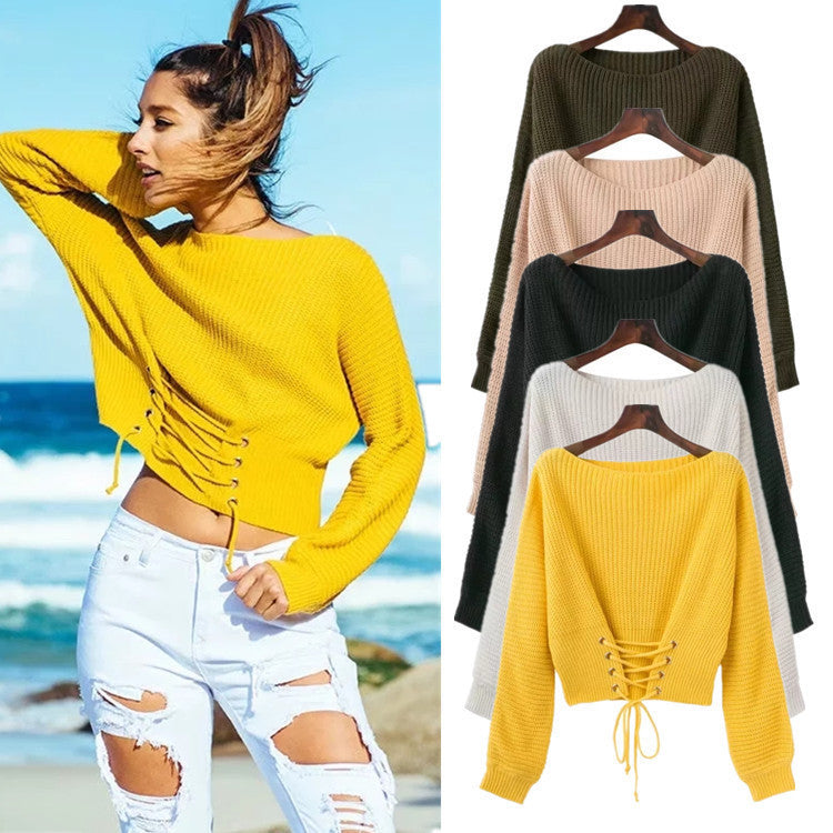 Damen Strickpullover mit ausgefallenem Rückenschnürdesign und weitem Schnitt Drune