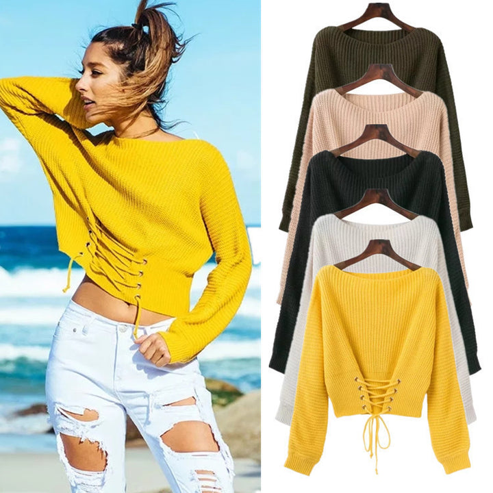 Damen Strickpullover mit ausgefallenem Rückenschnürdesign und weitem Schnitt Drune