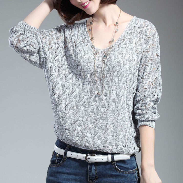 Damen lässiger Strickpullover mit V-Ausschnitt und luftiger Lochstruktur Drune