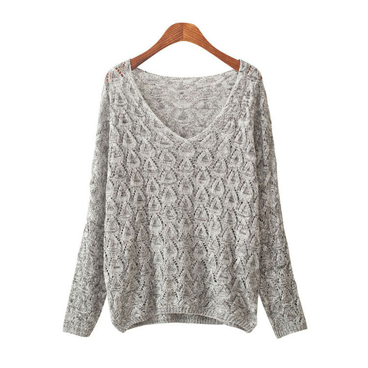 Damen lässiger Strickpullover mit V-Ausschnitt und luftiger Lochstruktur Drune