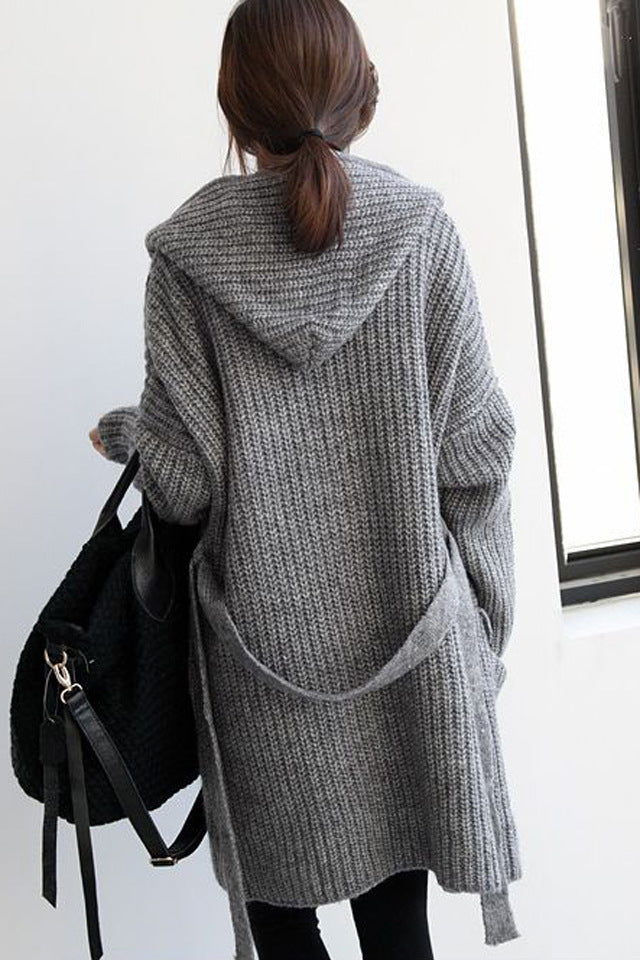 Damen Grober Strickmantel mit Kapuze und offenem Schnitt Drune
