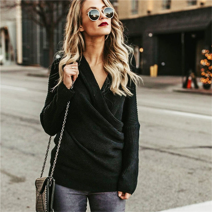Damen Strickpullover mit Off-Shoulder-Design und eleganter Wickeloptik Drune