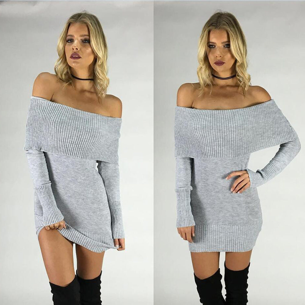Damen Strickkleid mit Off-Shoulder-Design und dekorativem Kordelzug Drune