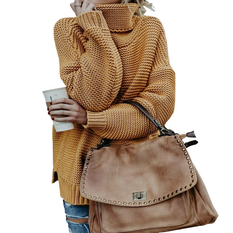 Damen Grobstrickpullover mit hohem Kragen und modischen Details Drune