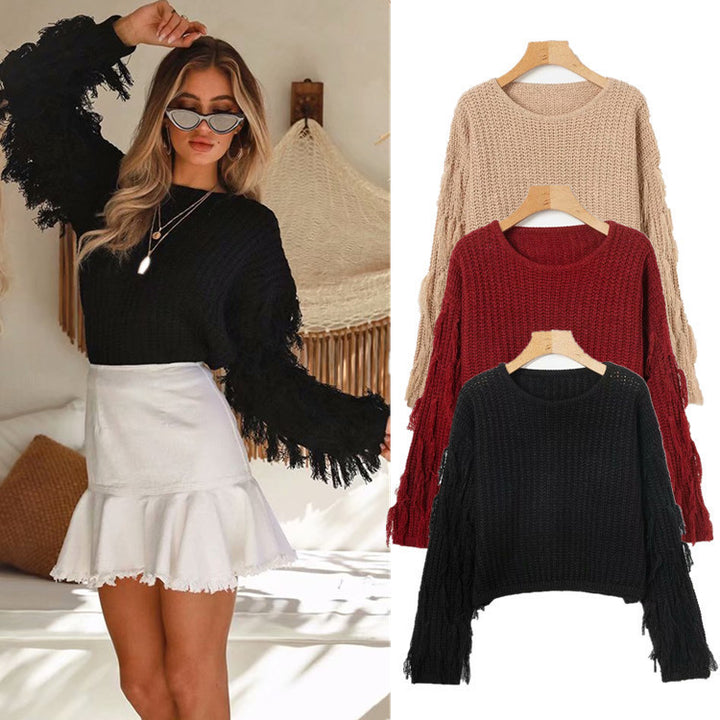 Damen Grobstrickpullover mit fransigen Ärmeln und lässigem Schnitt Drune