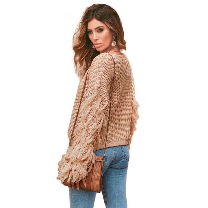 Damen Strickpullover mit fransigen Ärmeln und einzigartigem Strukturdesign Drune