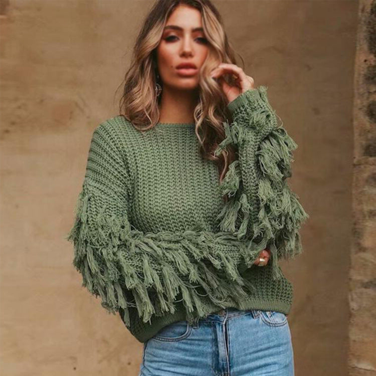 Damen Grobstrickpullover mit modischen Fransenärmeln Drune