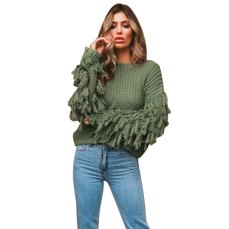 Damen Strickpullover mit fransigen Ärmeln und einzigartigem Strukturdesign Drune