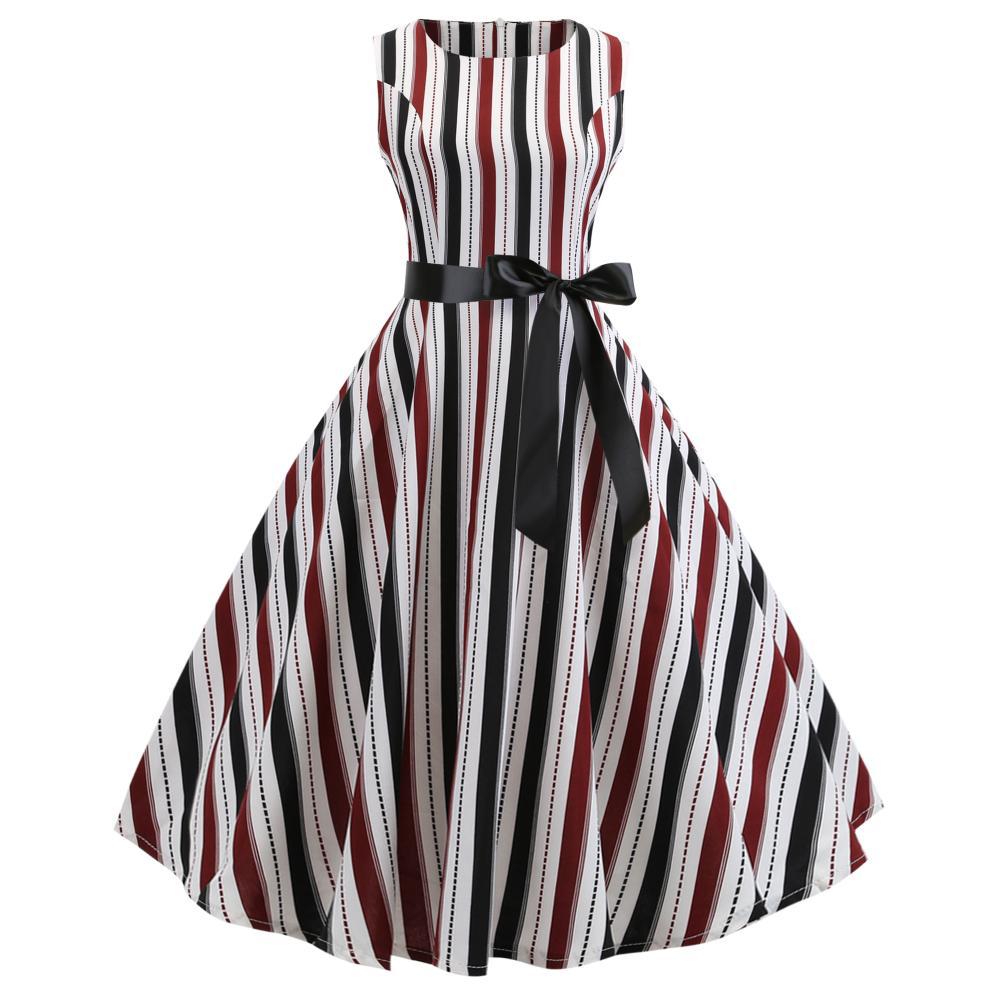 Damen A-Linien Kleid mit Streifenmuster und Taillengürtel Drune