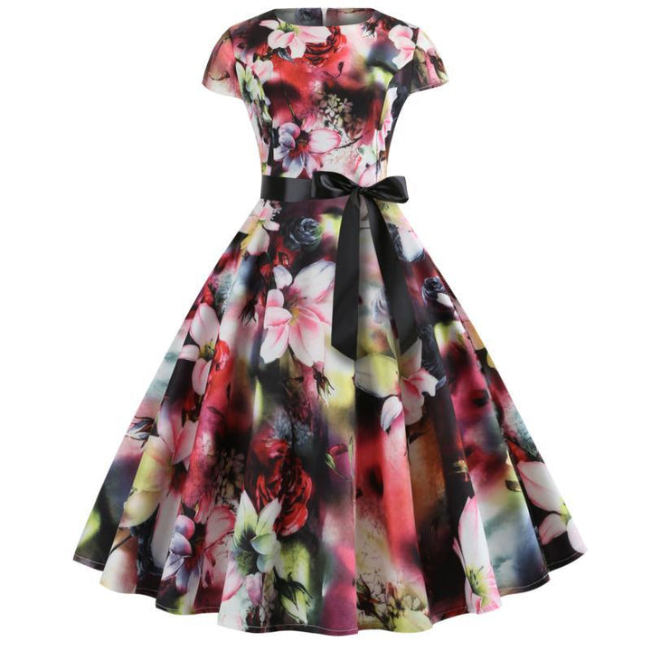 Damen Blumendesign A-Linien Kleid mit schwarzem Taillengürtel Drune