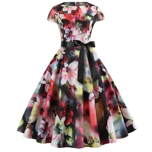 Damen Blumendesign A-Linien Kleid mit schwarzem Taillengürtel Drune