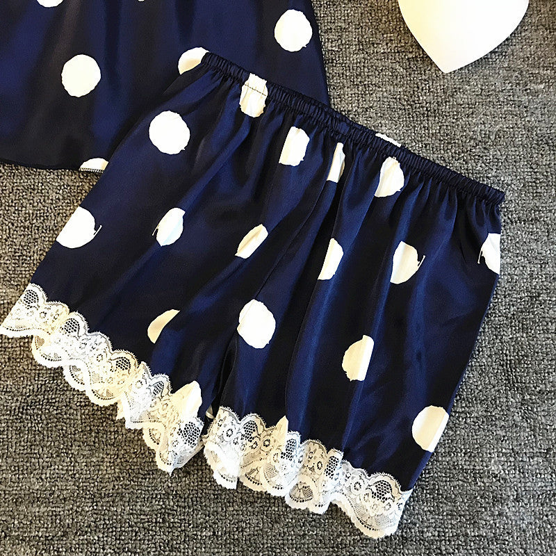 Damen Satin Schlafanzug mit Spitze und Punkten Drune