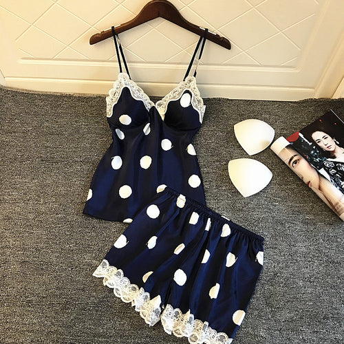 Damen Satin Schlafanzug mit Spitze und Punkten Drune