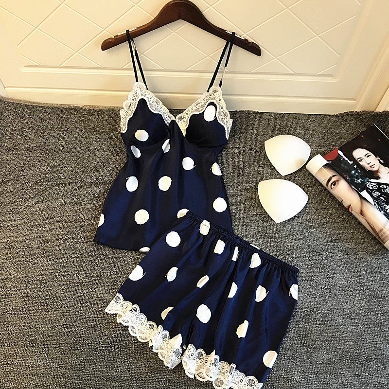 Damen Satin Schlafanzug mit Spitze und Punkten Drune