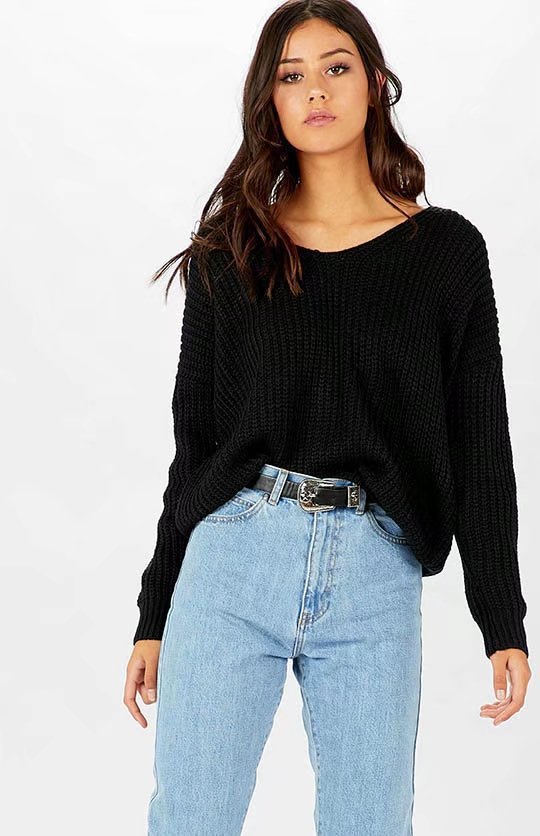 Damen lässiger Strickpullover mit dekorativem Rückenausschnitt und Kordelzug Drune