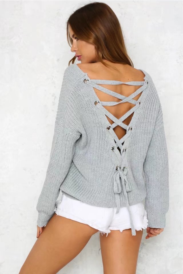 Damen lässiger Strickpullover mit dekorativem Rückenausschnitt und Kordelzug Drune