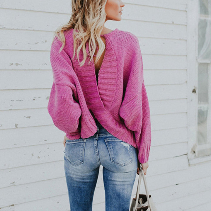 Damen lässiger Strickpullover mit tiefem V-Ausschnitt und ballonen Ärmeln Drune