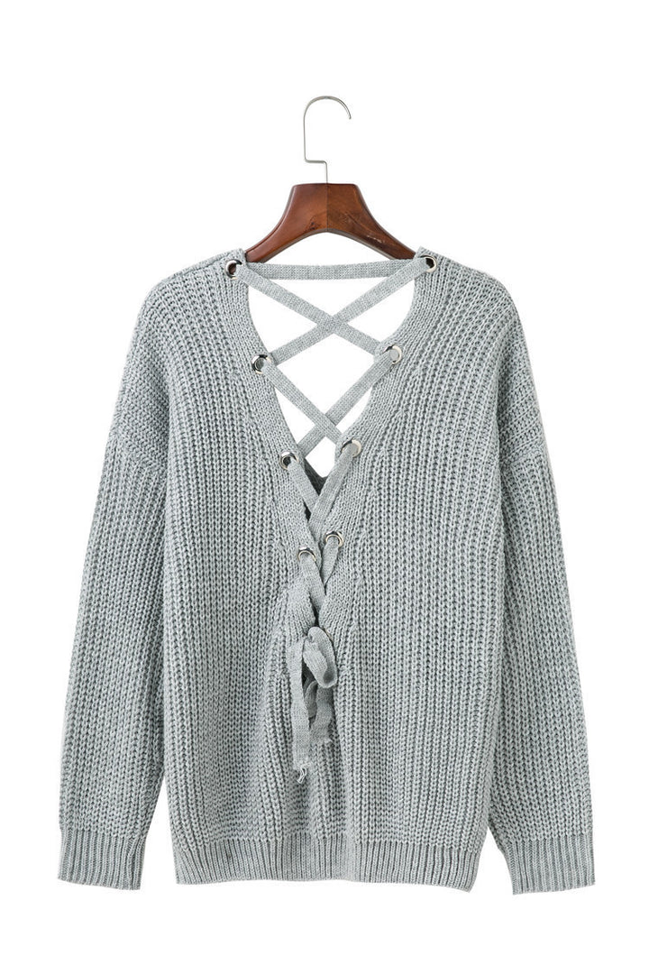 Damen Strickpullover mit verziertem V-Ausschnitt und Kordelzug Drune