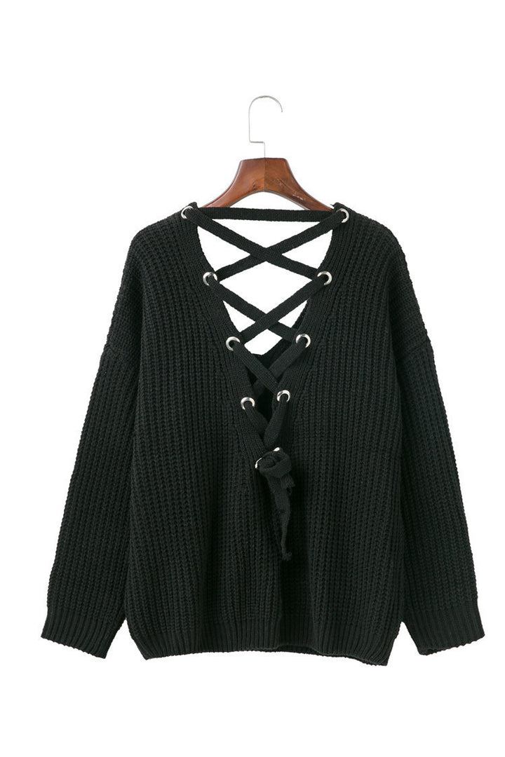 Damen Strickpullover mit verziertem V-Ausschnitt und Kordelzug Drune
