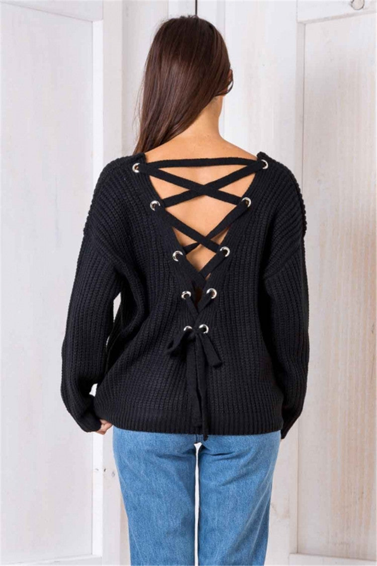 Damen Strickpullover mit verziertem V-Ausschnitt und Kordelzug Drune