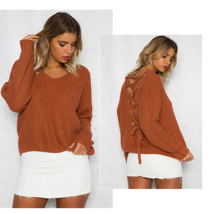 Damen Strickpullover mit verziertem V-Ausschnitt und Kordelzug Drune
