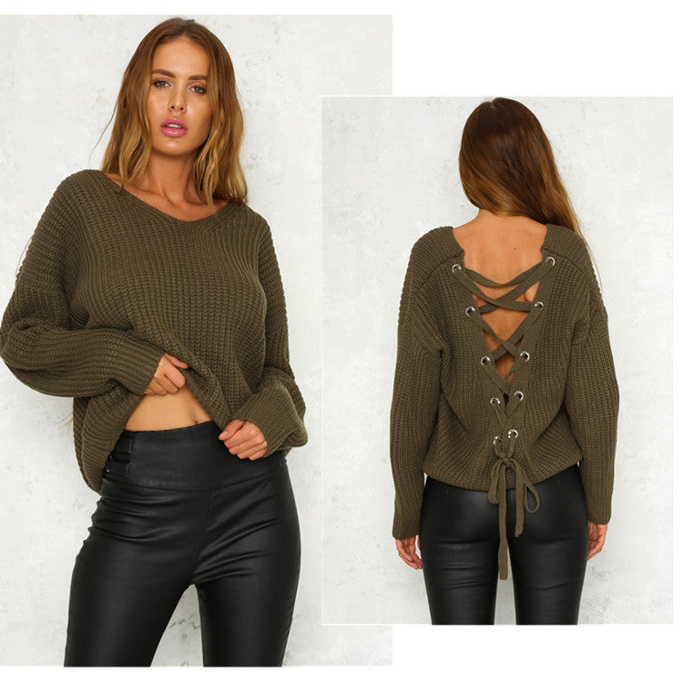 Damen Strickpullover mit verziertem V-Ausschnitt und Kordelzug Drune