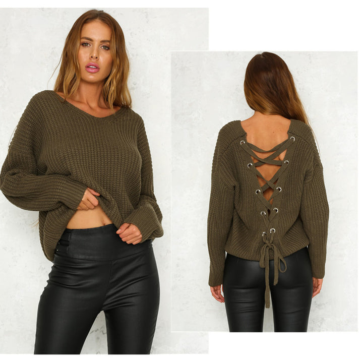 Damen Strickpullover mit verziertem V-Ausschnitt und Kordelzug Drune