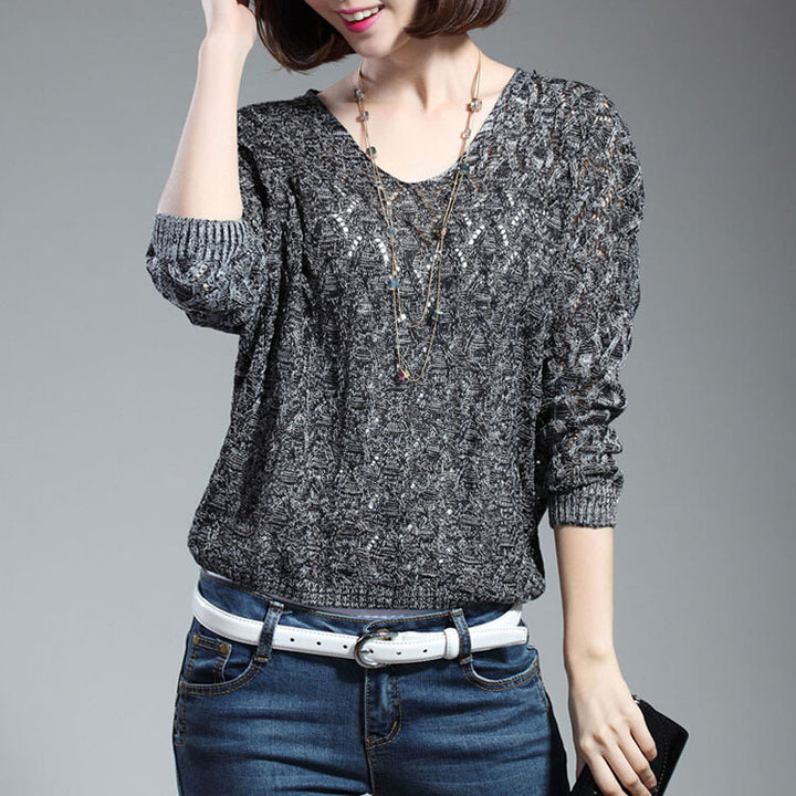 Damen lässiger Strickpullover mit V-Ausschnitt und luftiger Lochstruktur Drune