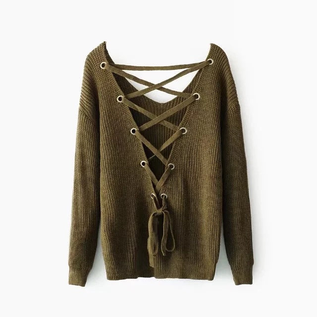 Damen Strickpullover mit tiefem V-Ausschnitt und dekorativem Rückendesign Drune