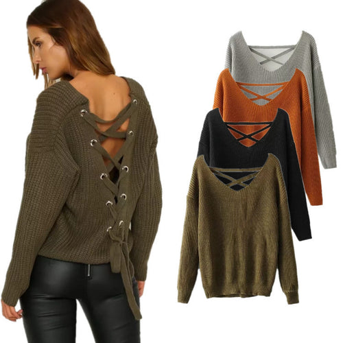 Damen Strickpullover mit tiefem V-Ausschnitt und dekorativem Rückendesign Drune